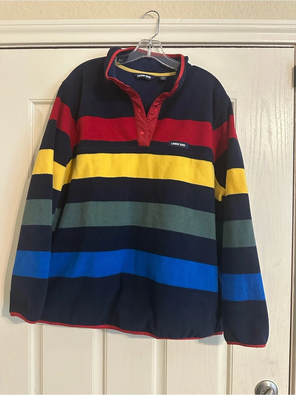 Lands' End Navy Multi-Color Striped Zip Pullover